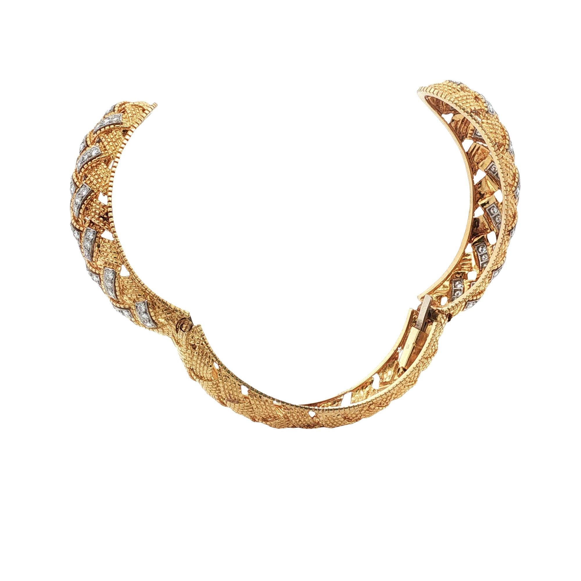 Diamond 18 Karat Yellow Gold Lattice Design Bypass Hinged Bangle Bracelet