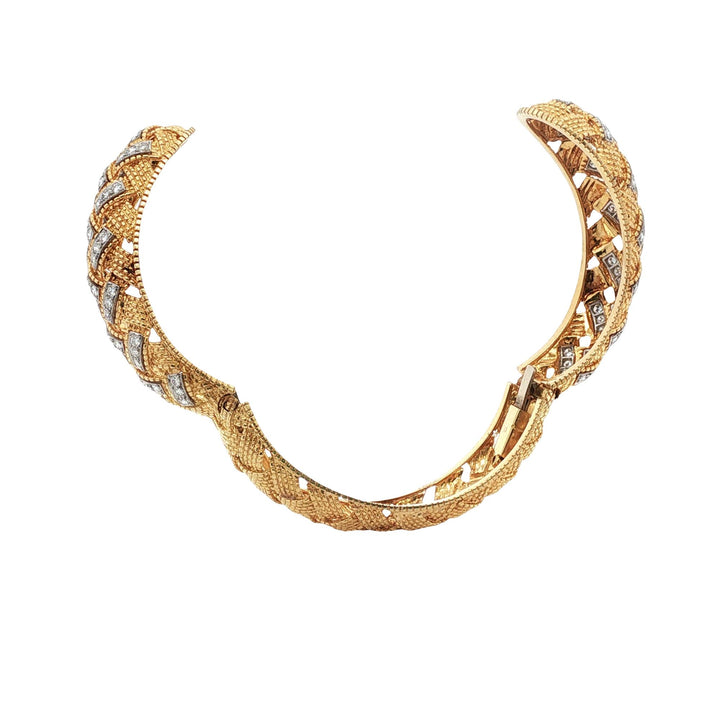 Diamond 18 Karat Yellow Gold Lattice Design Bypass Hinged Bangle Bracelet