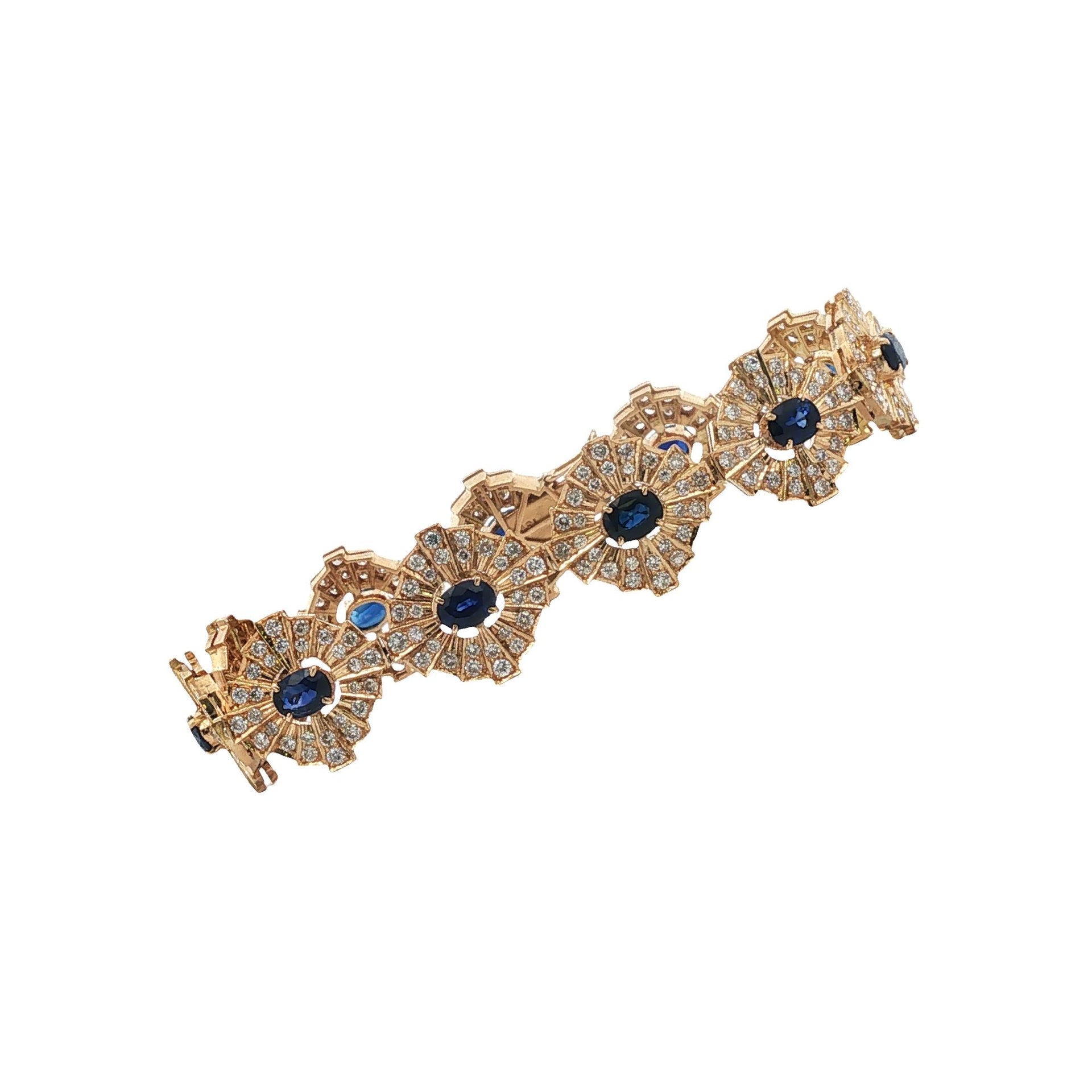 Diamond Sapphire 18 Karat Yellow Gold Burst Halo Link Bracelet Vintage