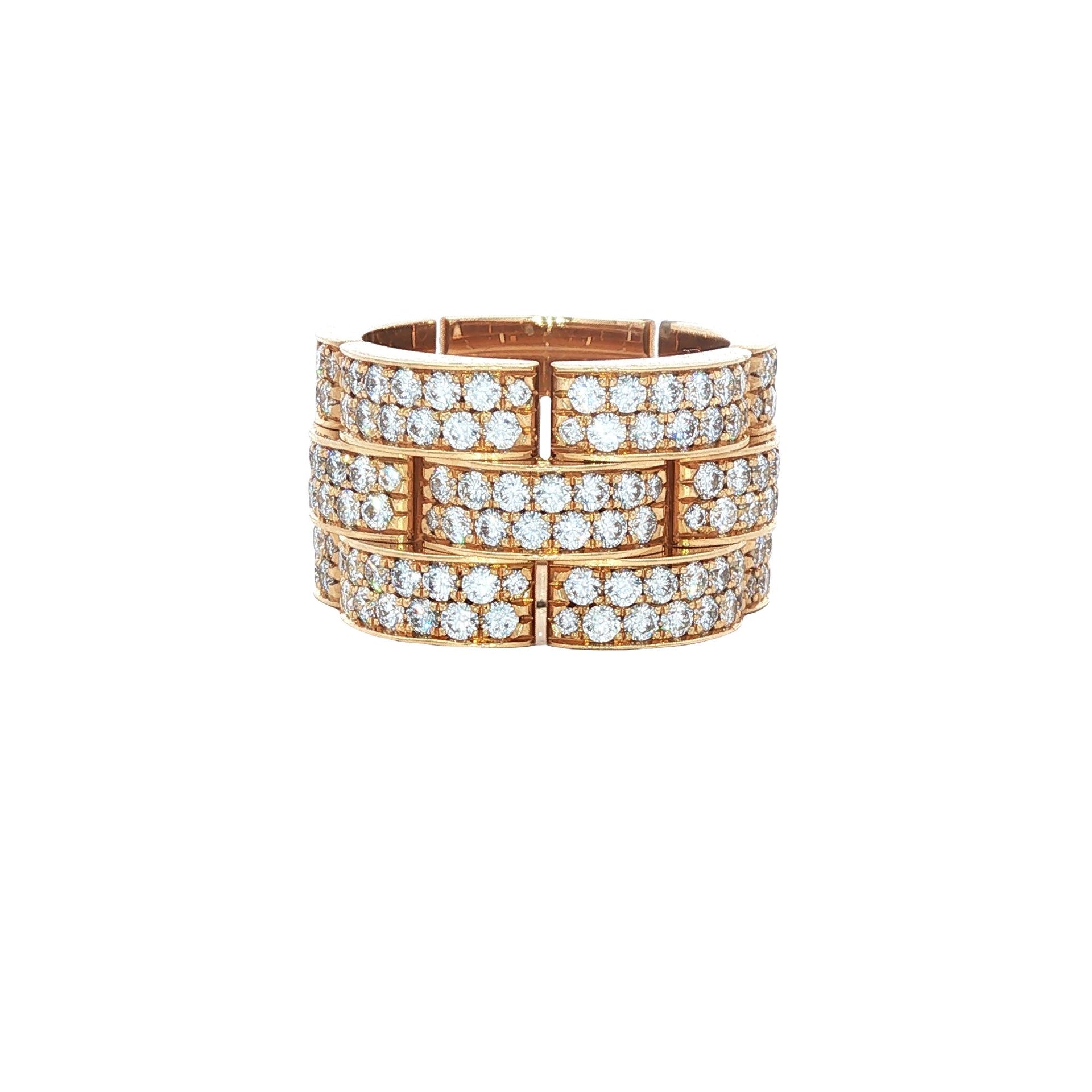 Diamond 18 Karat Yellow Gold Panther Link Three Row Wide Band Ring Size 7