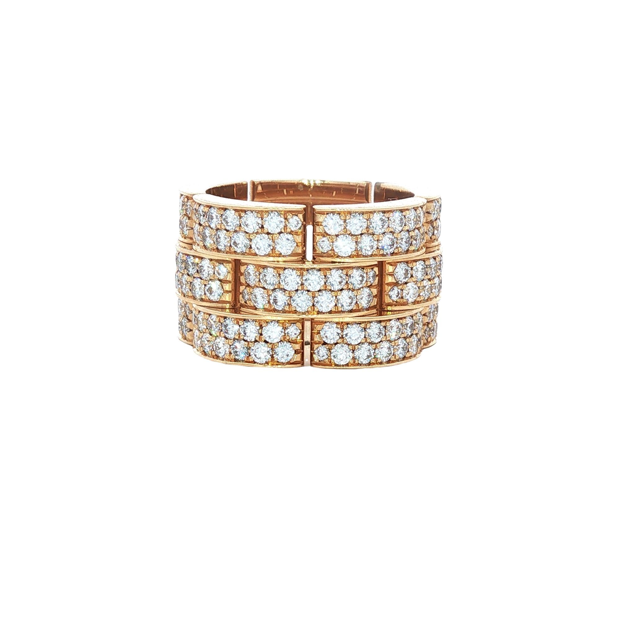 Diamond 18 Karat Yellow Gold Panther Link Three Row Wide Band Ring Size 7