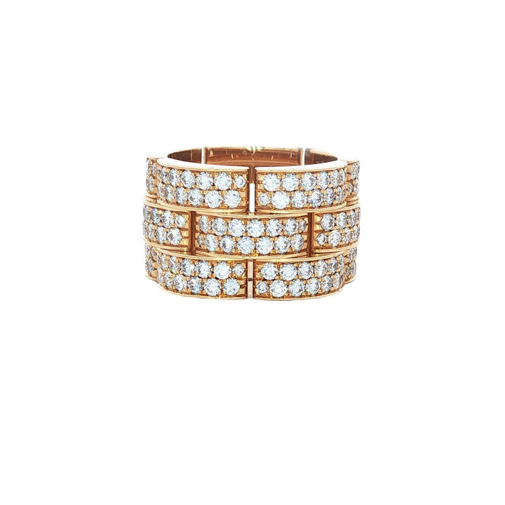Diamond 18 Karat Yellow Gold Panther Link Three Row Wide Band Ring Size 7
