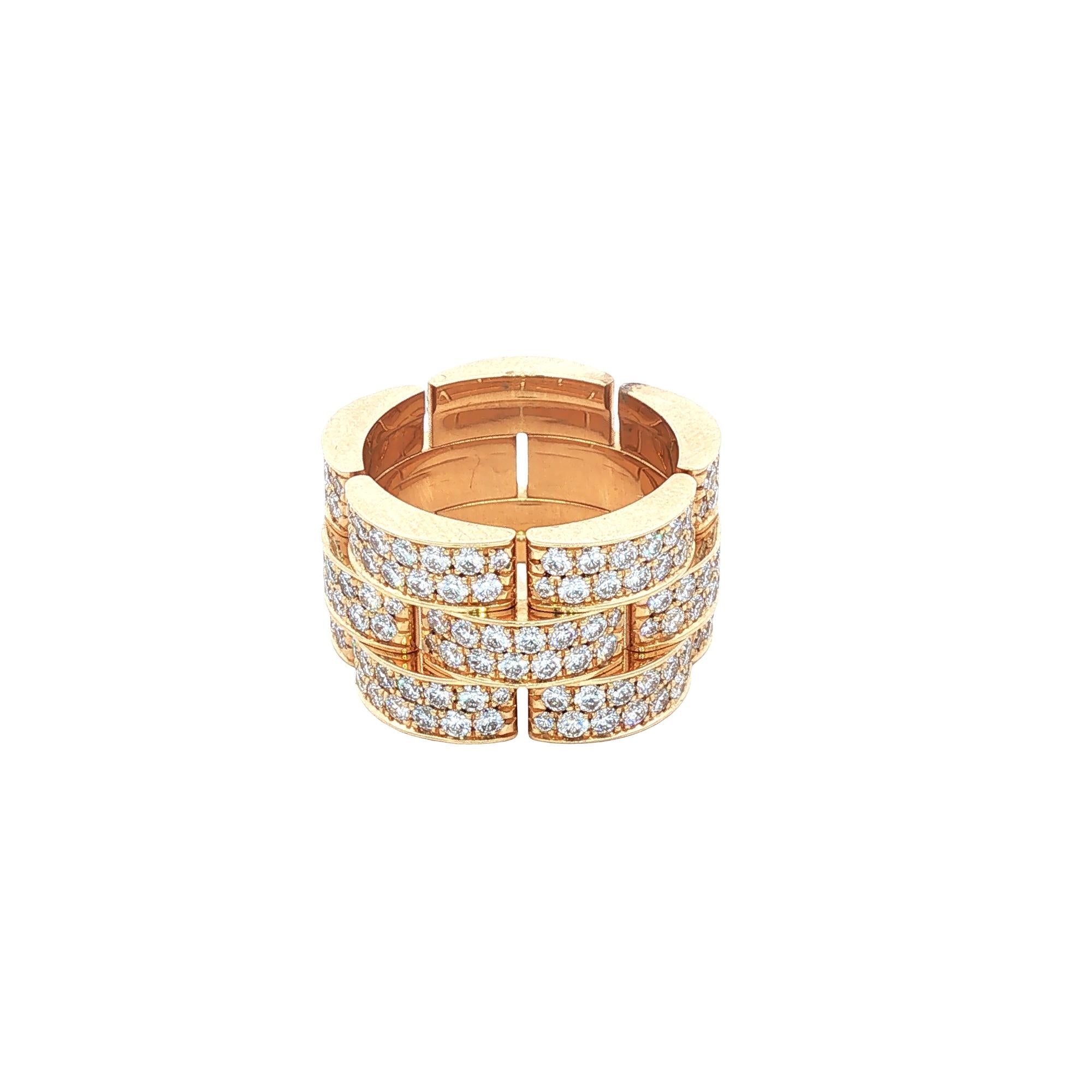 Diamond 18 Karat Yellow Gold Panther Link Three Row Wide Band Ring Size 7