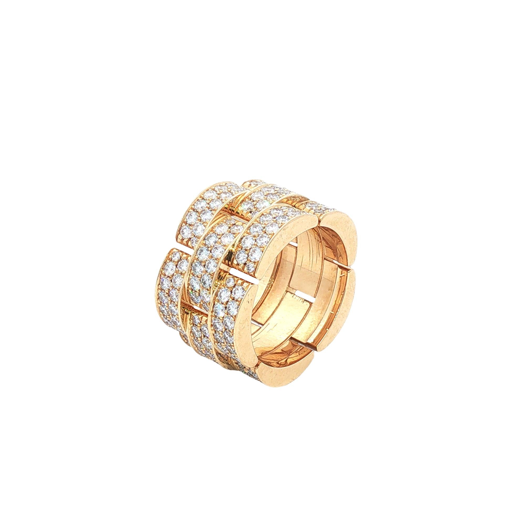 Diamond 18 Karat Yellow Gold Panther Link Three Row Wide Band Ring Size 7