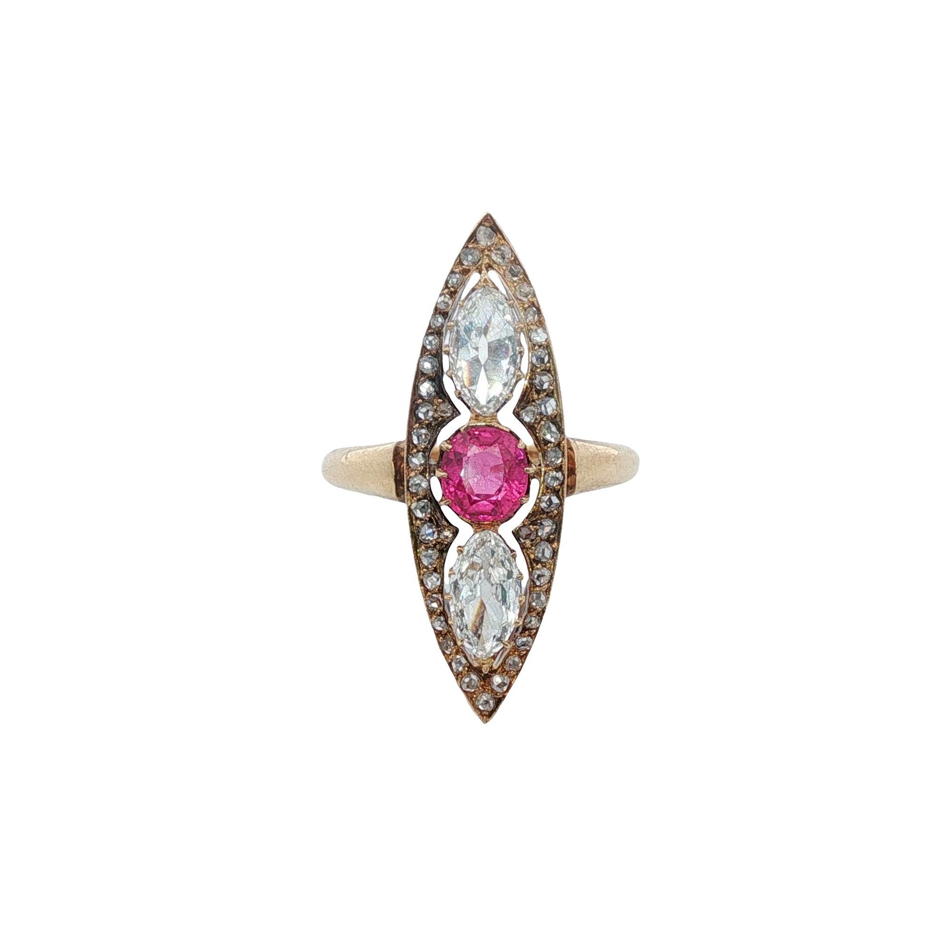 Antique Old Cut Marquise Diamond Pink Sapphire Navette 18KYG Ring