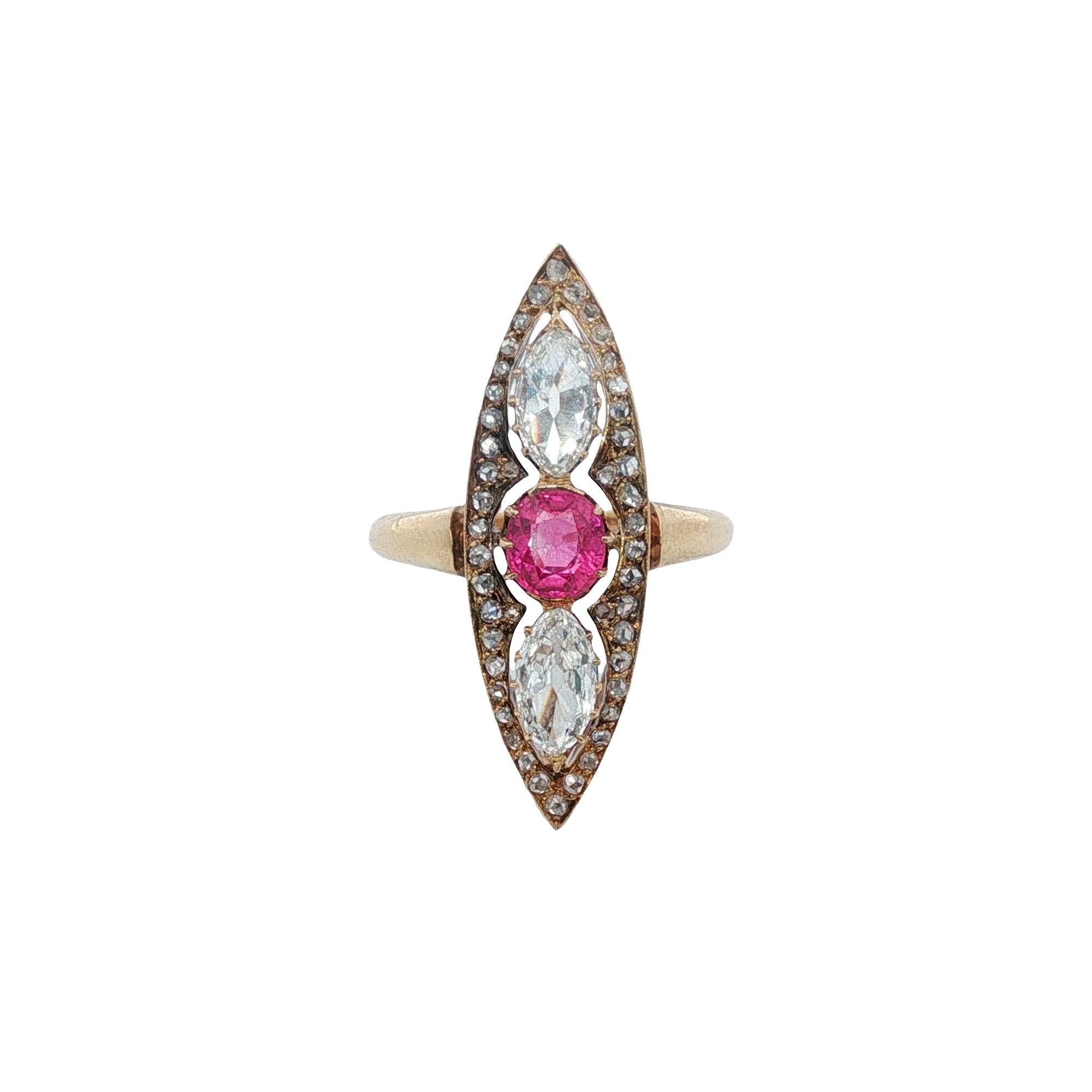 Antique Old Cut Marquise Diamond Pink Sapphire Navette 18KYG Ring