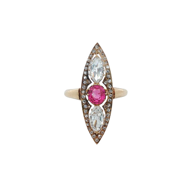 Antique Old Cut Marquise Diamond Pink Sapphire Navette 18KYG Ring