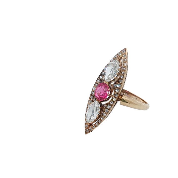 Antique Old Cut Marquise Diamond Pink Sapphire Navette 18KYG Ring