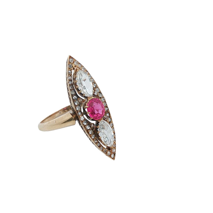 Antique Old Cut Marquise Diamond Pink Sapphire Navette 18KYG Ring