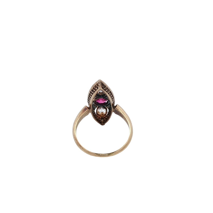 Antique Old Cut Marquise Diamond Pink Sapphire Navette 18KYG Ring