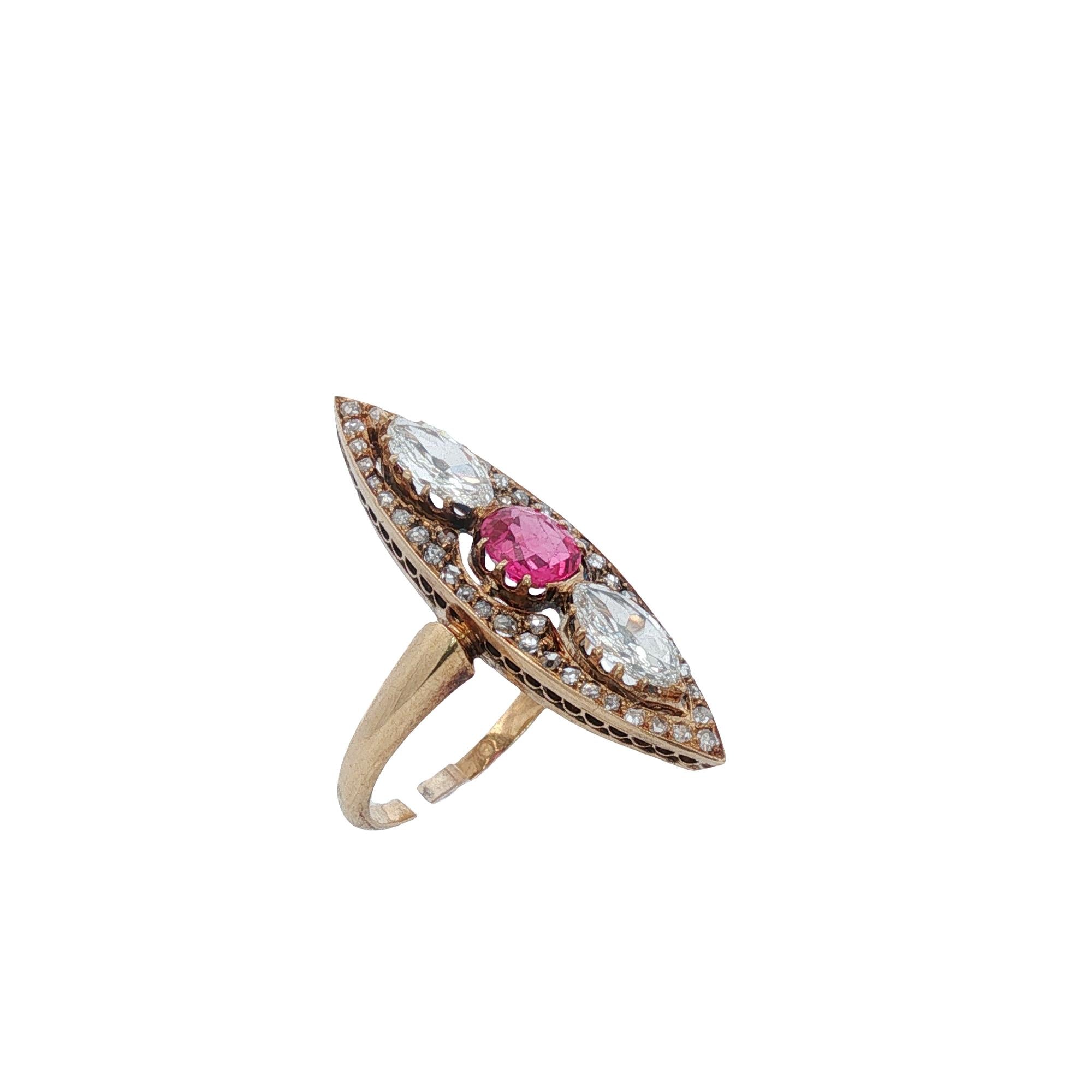 Antique Old Cut Marquise Diamond Pink Sapphire Navette 18KYG Ring
