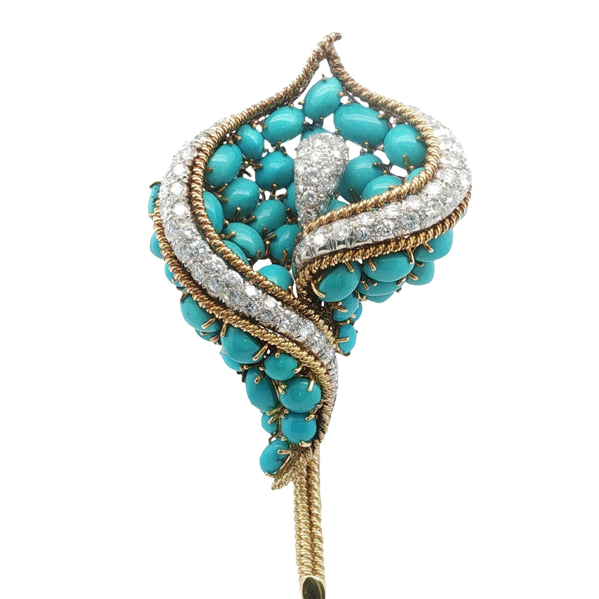 Diamond Turquoise 18 Karat Yellow Gold Platinum Floral Motif Pin Brooch Vintage