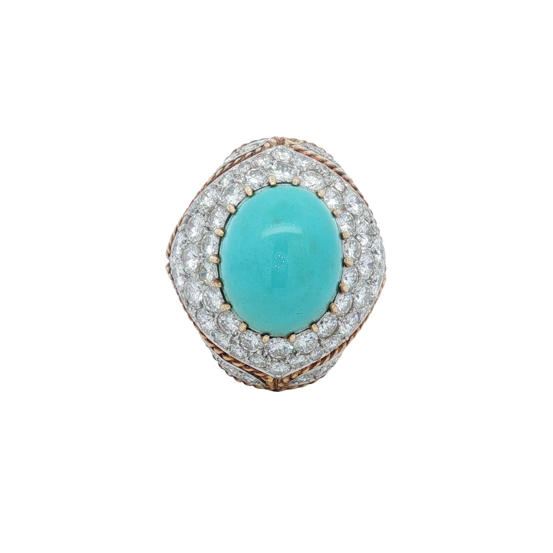 1960's Diamond Turquoise 18 Karat Yellow Gold Platinum Vintage Cocktail Ring