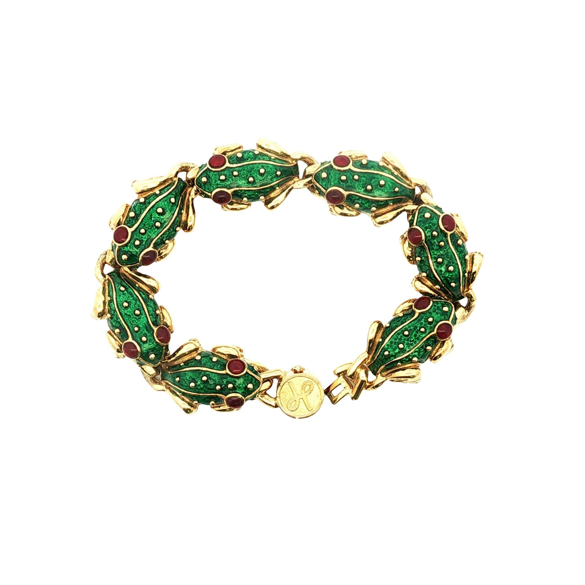 Hidalgo Frog Link 18 Karat Yellow Gold Green Enamel Ruby Bracelet Vintage