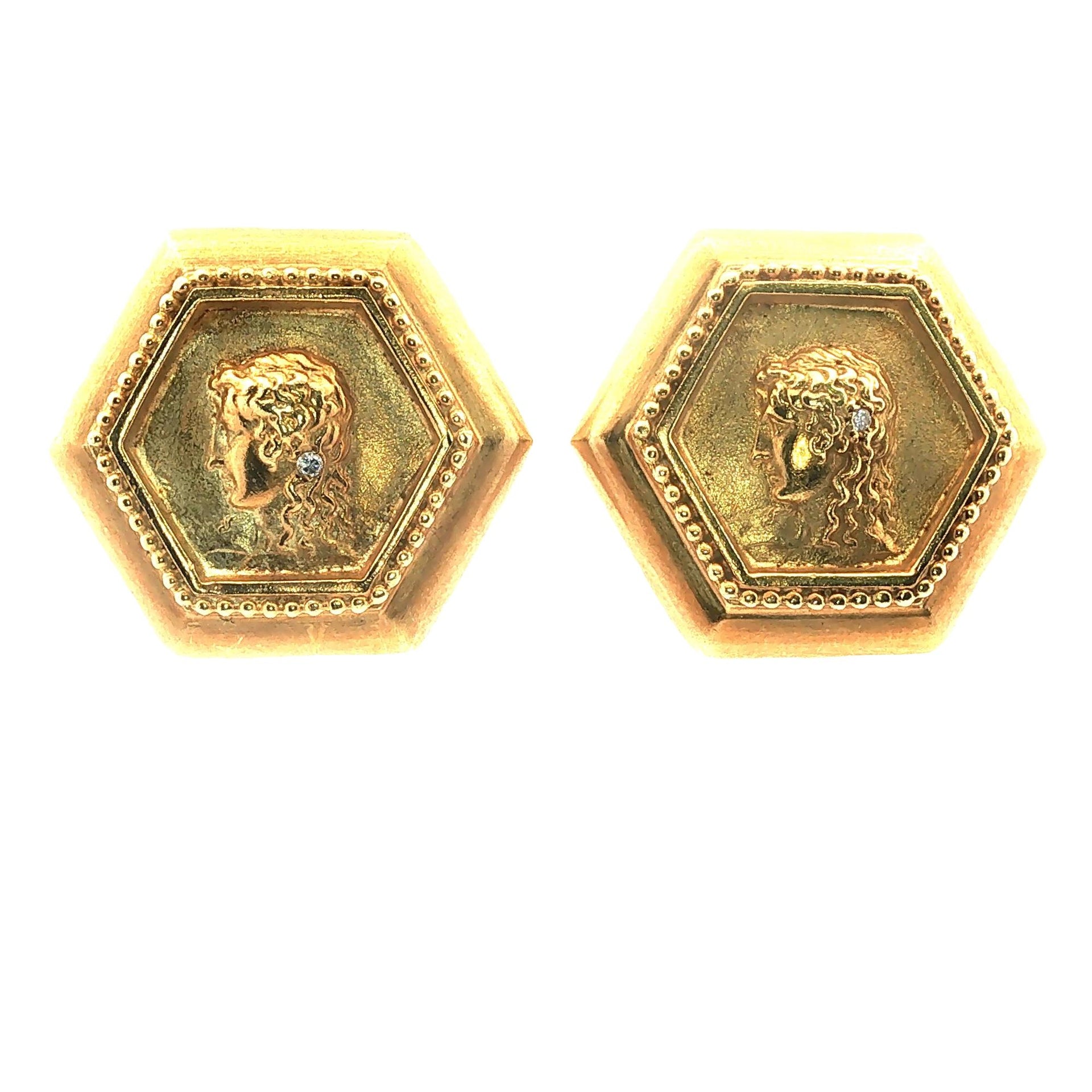 Greek Athena 18 Karat Yellow Gold Octagonal Diamond Earclip Earrings