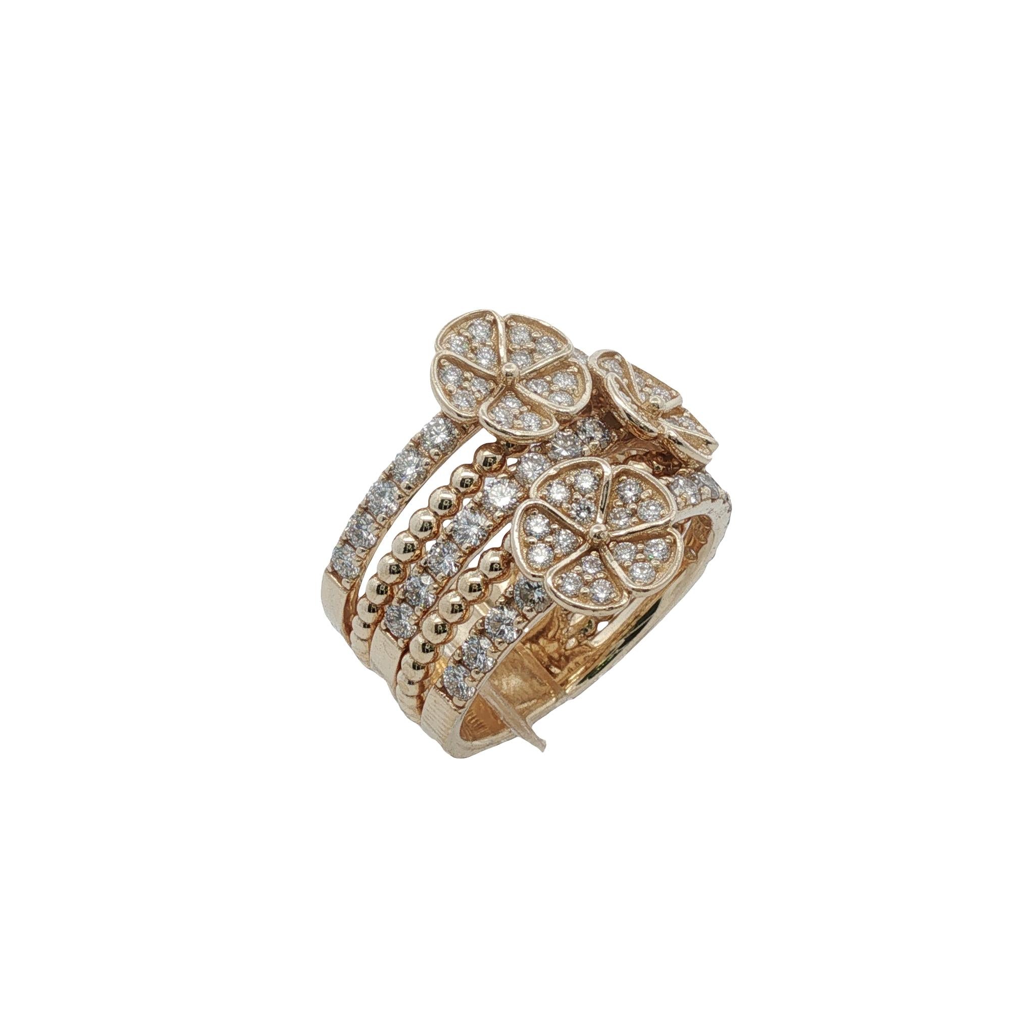 Diamond Multi-Row 14 Karat Yellow Gold Floral Motif Wide Band Ring Modern