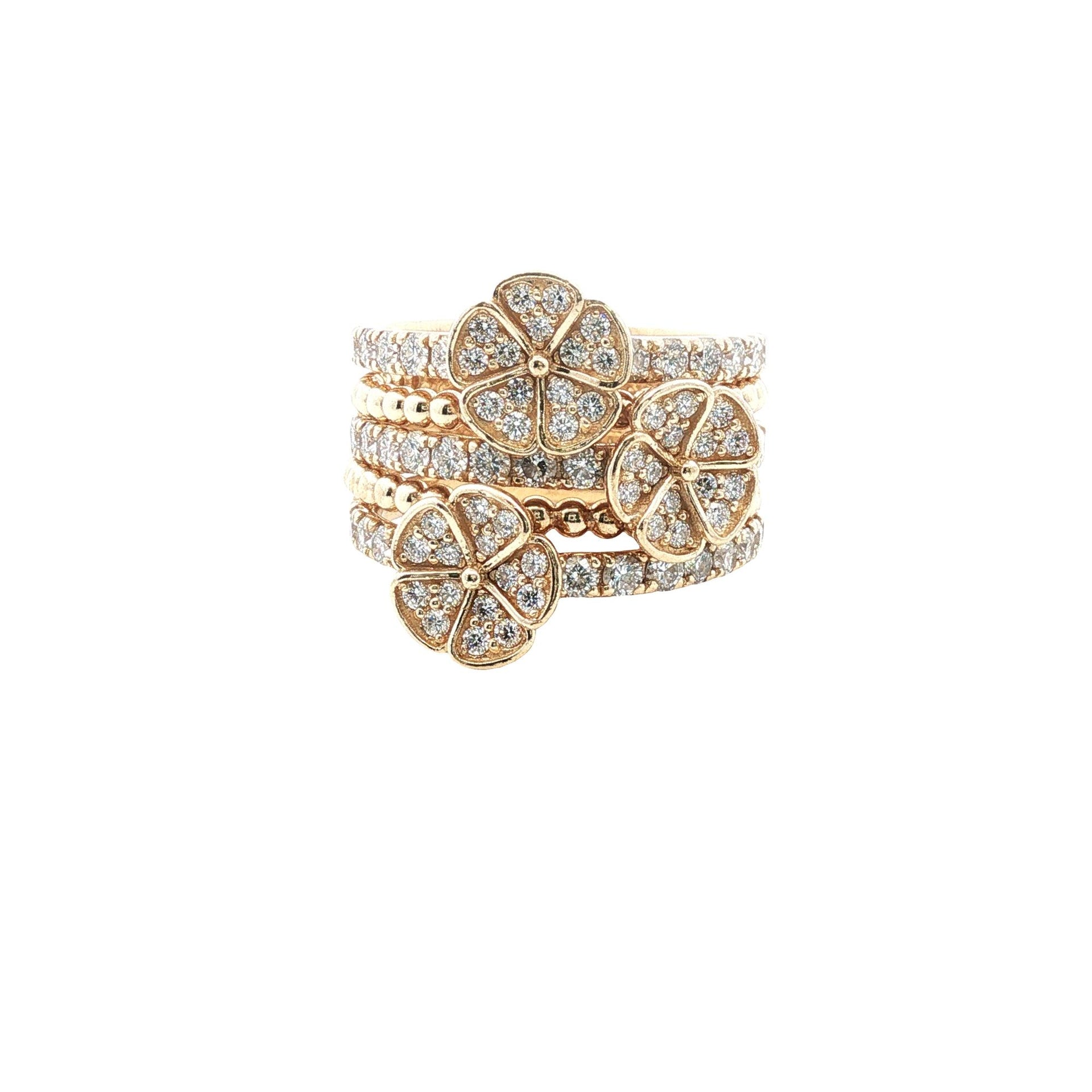 Diamond Multi-Row 14 Karat Yellow Gold Floral Motif Wide Band Ring Modern