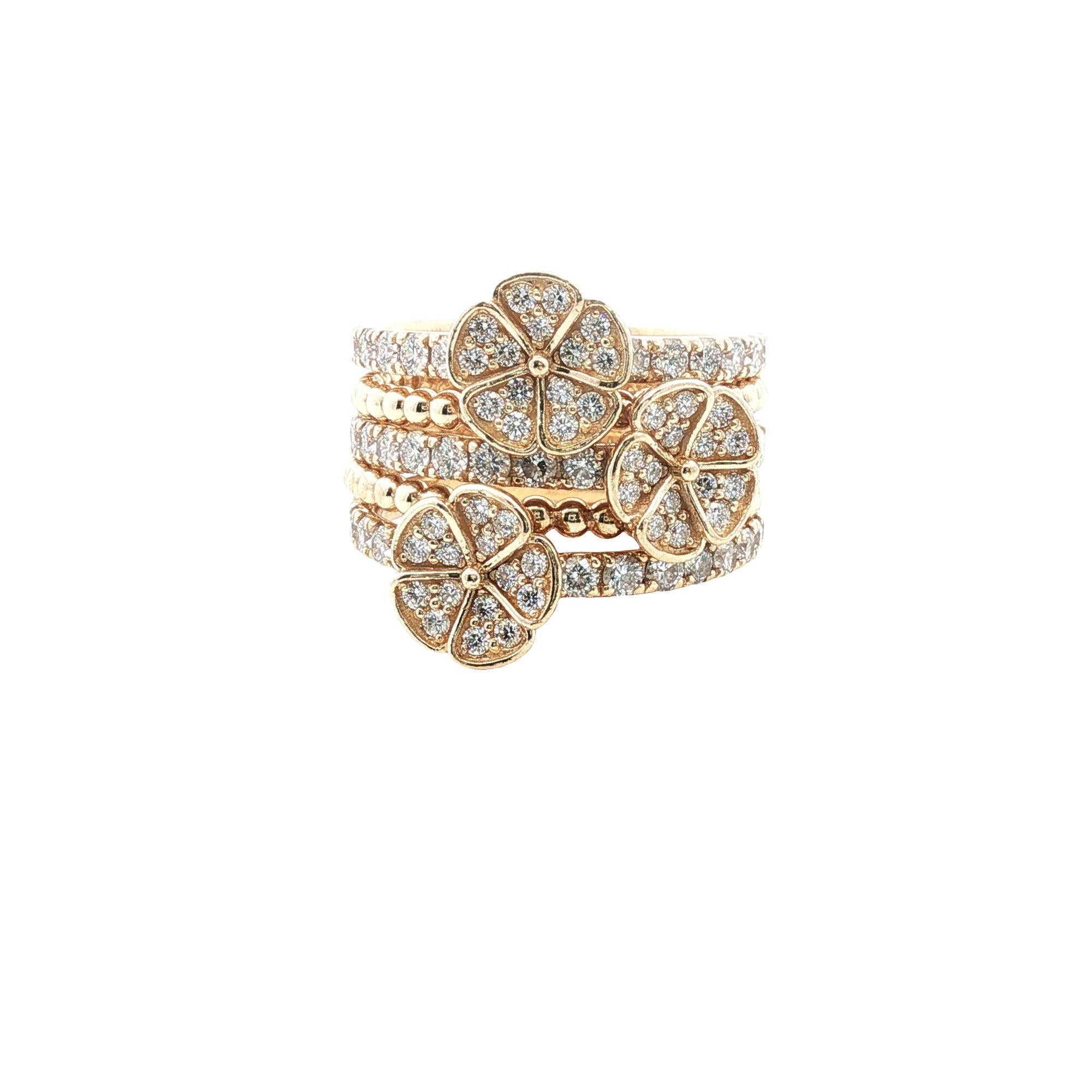 Diamond Multi-Row 14 Karat Yellow Gold Floral Motif Wide Band Ring Modern