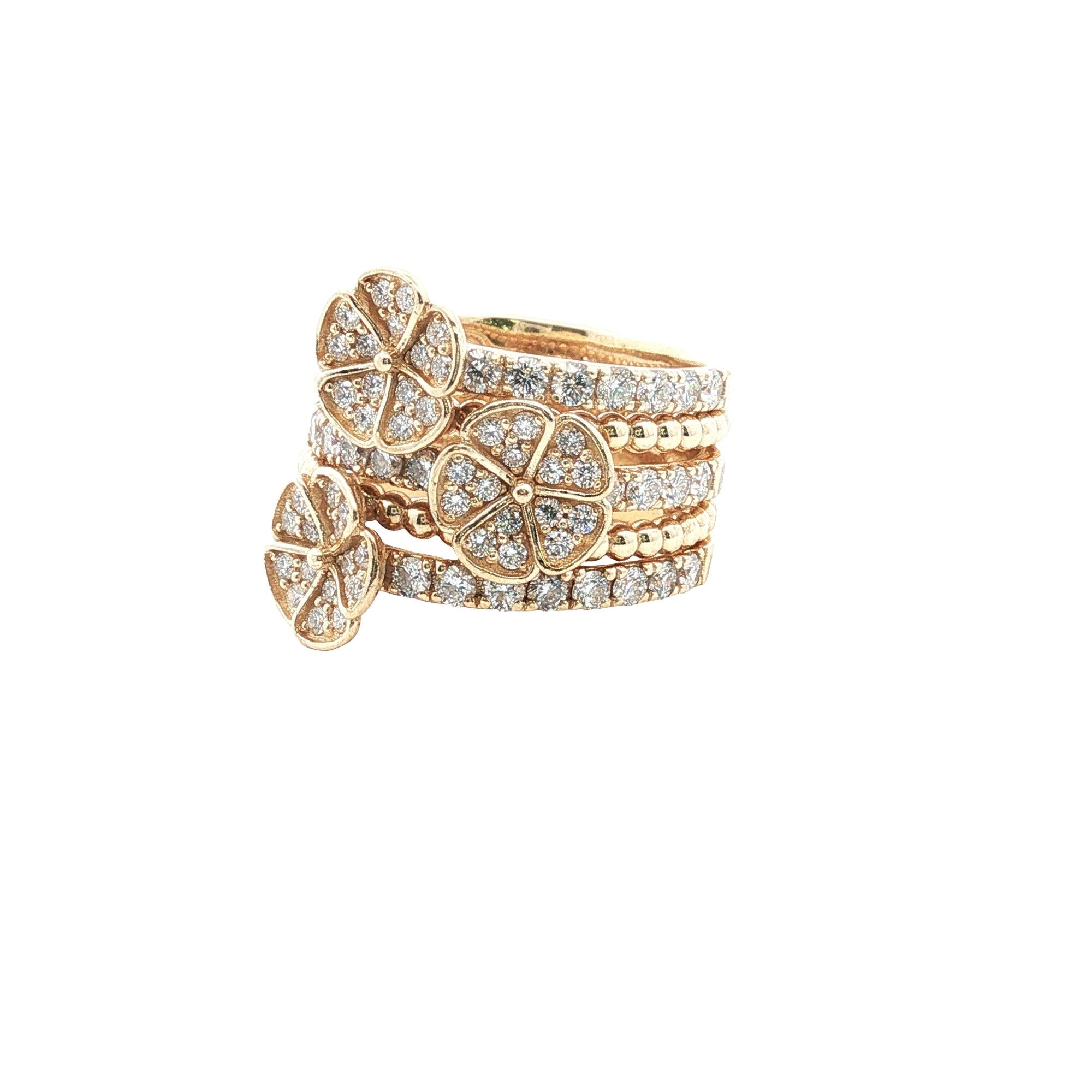 Diamond Multi-Row 14 Karat Yellow Gold Floral Motif Wide Band Ring Modern