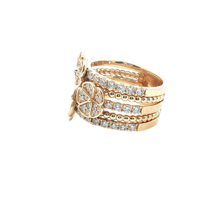 Diamond Multi-Row 14 Karat Yellow Gold Floral Motif Wide Band Ring Modern