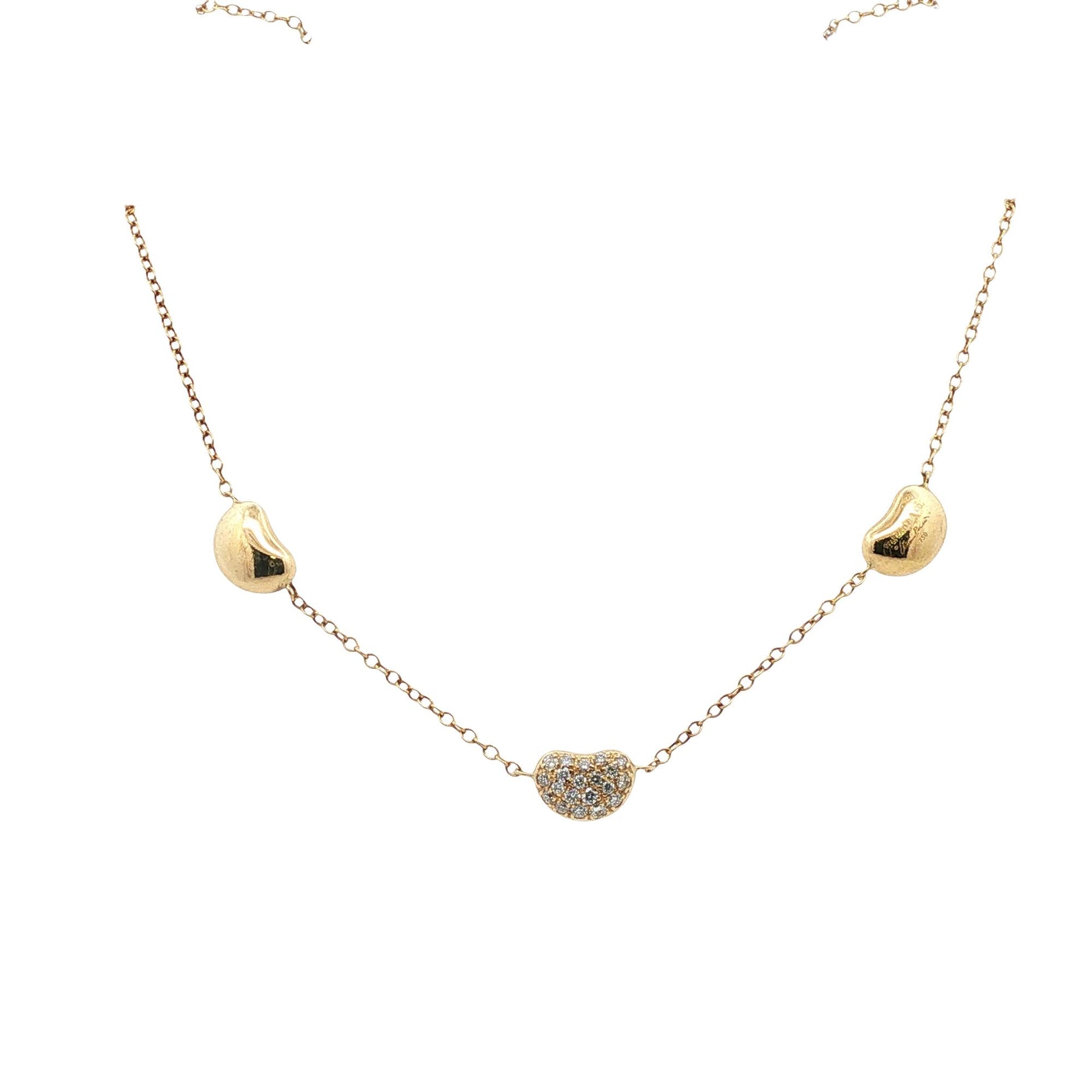 Tiffany & Company Elsa Peretti Diamond 3 Bean Vintage Necklace 18K Yellow Gold