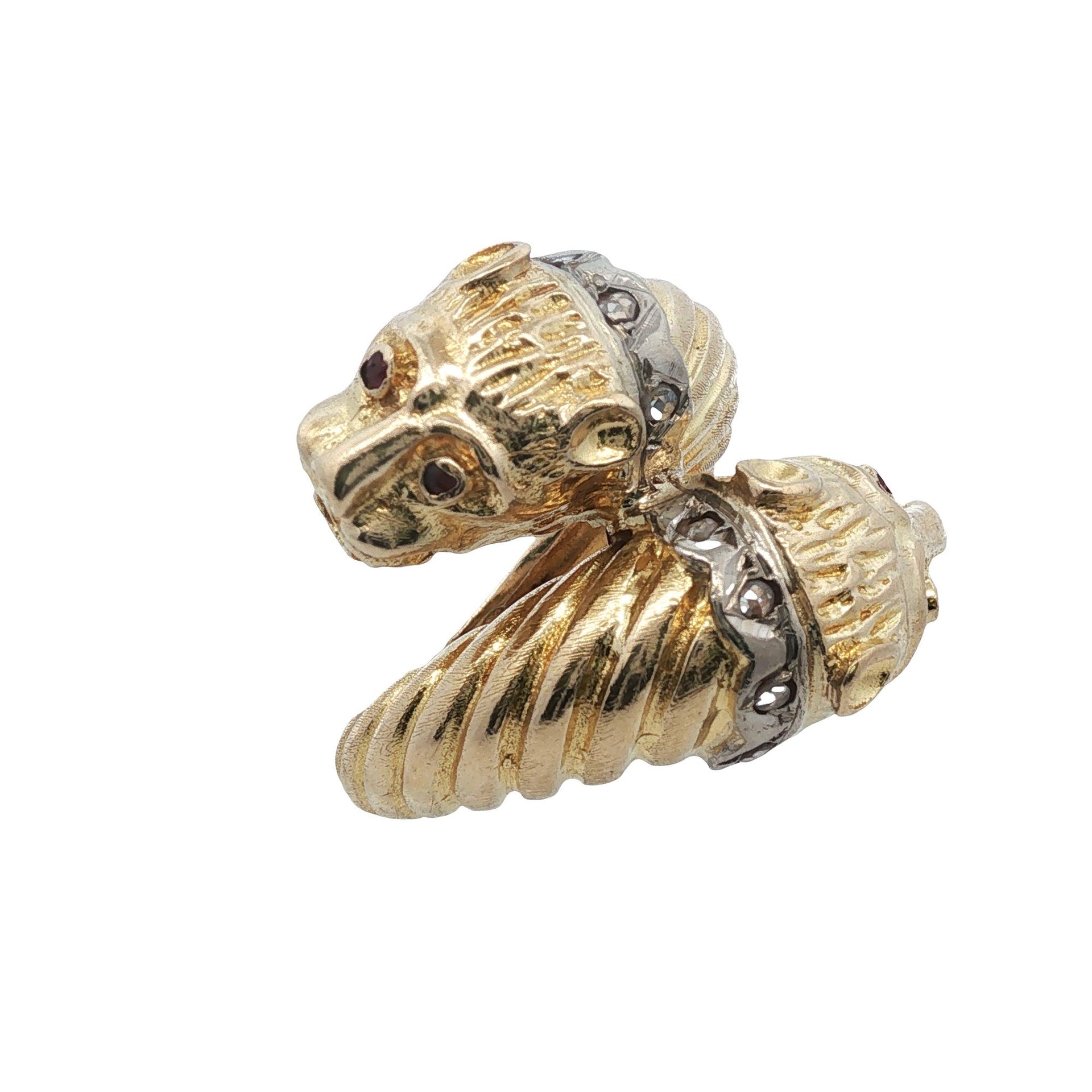 Zolotas Two Head Lion Diamond 18 Karat Yellow Gold Ring Vintage
