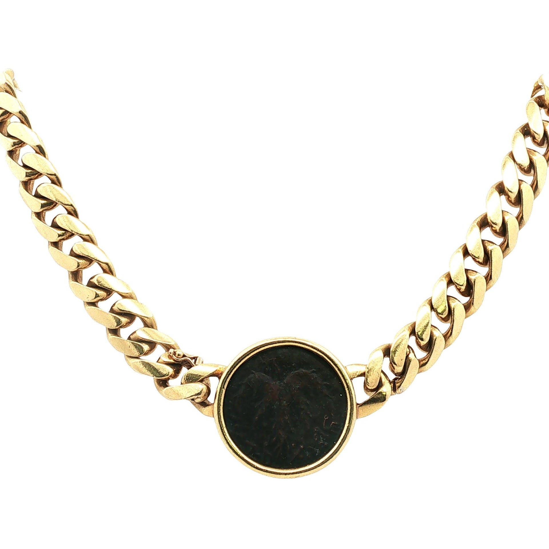 Curb Link 18 Karat Yellow Gold Israeli Coin Vintage Necklace 15 Inches