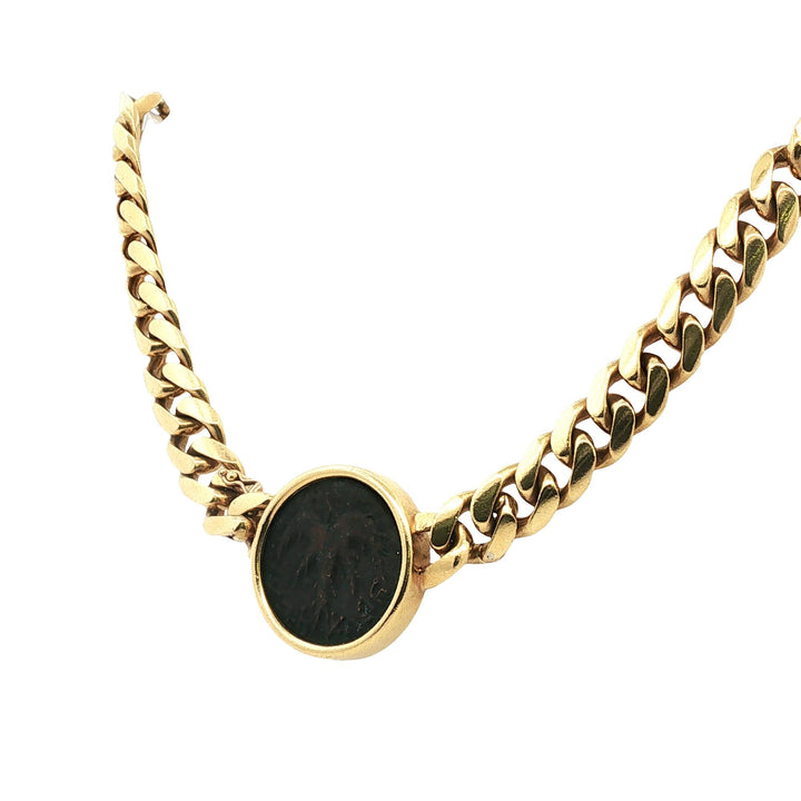 Curb Link 18 Karat Yellow Gold Israeli Coin Vintage Necklace 15 Inches
