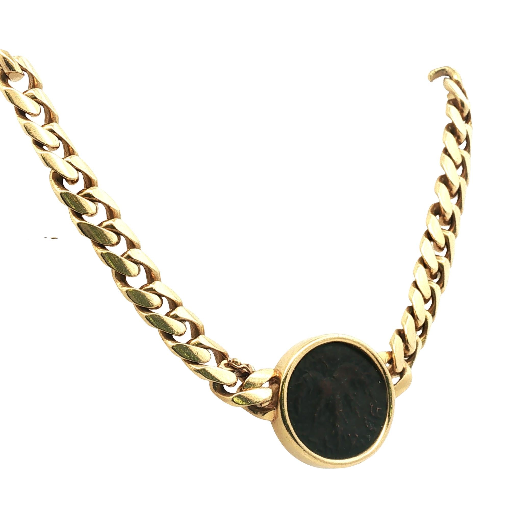 Curb Link 18 Karat Yellow Gold Israeli Coin Vintage Necklace 15 Inches