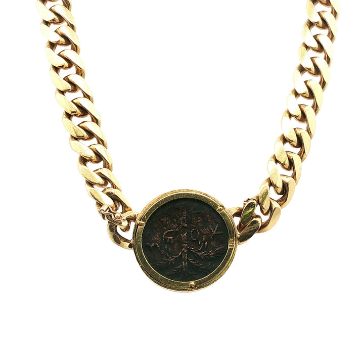 Curb Link 18 Karat Yellow Gold Israeli Coin Vintage Necklace 15 Inches