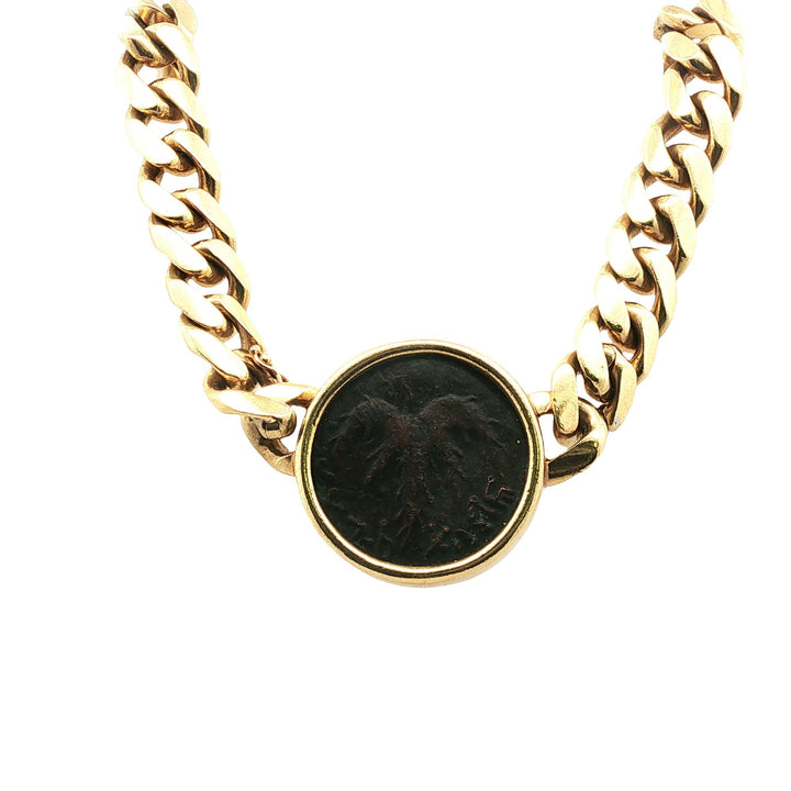 Curb Link 18 Karat Yellow Gold Israeli Coin Vintage Necklace 15 Inches