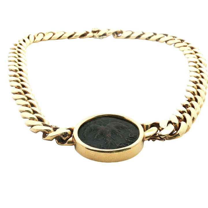 Curb Link 18 Karat Yellow Gold Israeli Coin Vintage Necklace 15 Inches