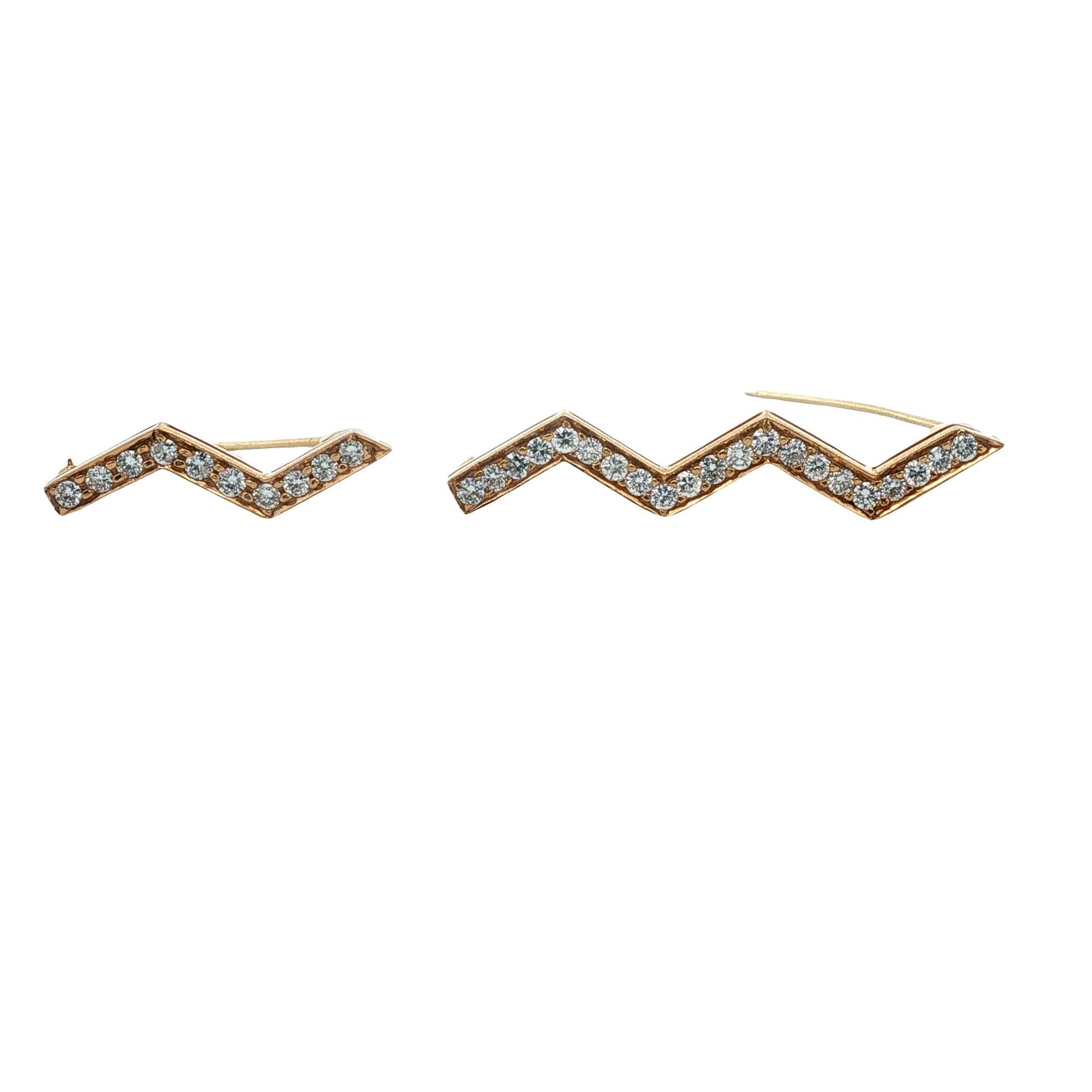 Pair Of Zig-Zag Diamond 18 Karat Yellow Gold Vintage Brooches Pins