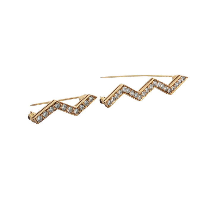 Pair Of Zig-Zag Diamond 18 Karat Yellow Gold Vintage Brooches Pins