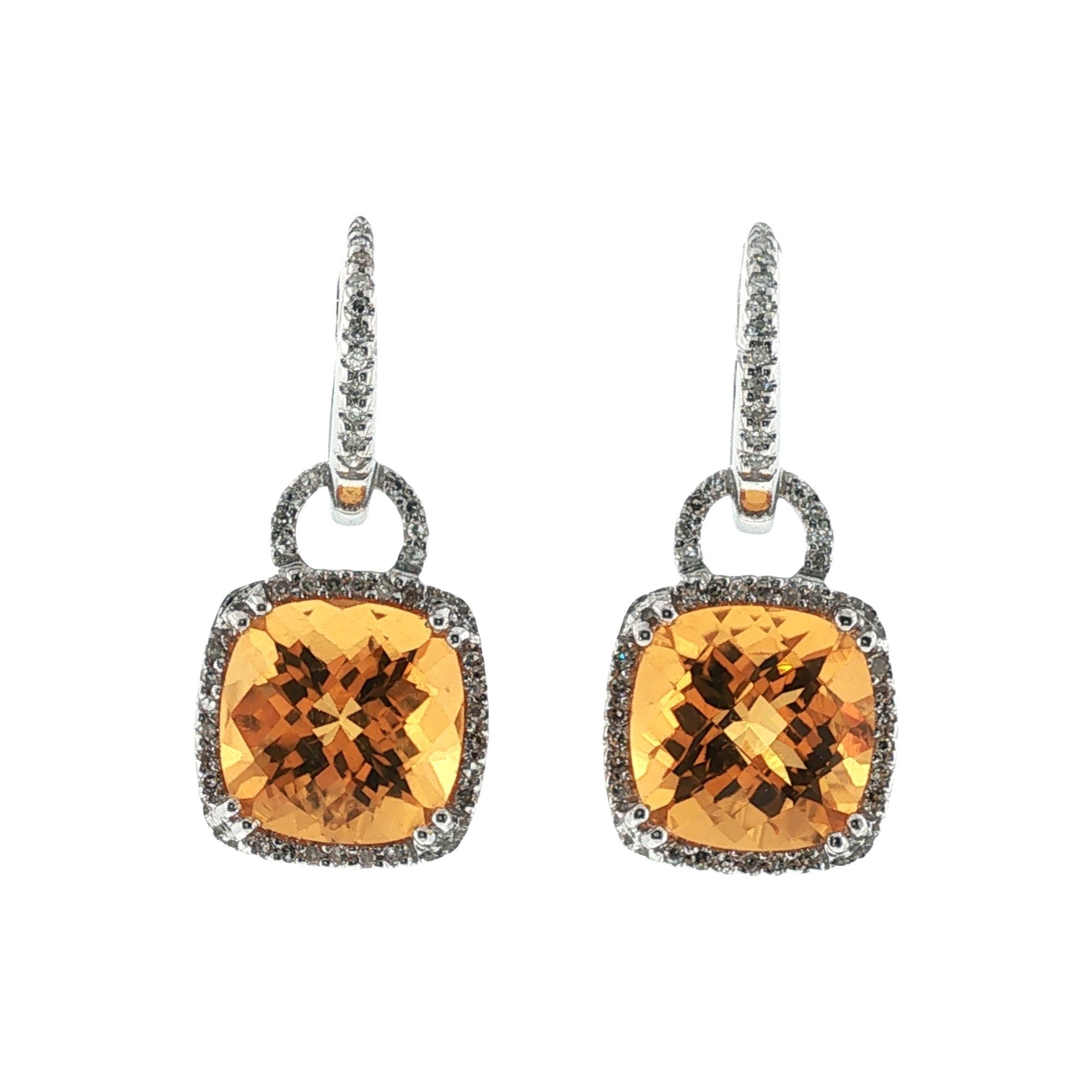 Citrine Gemstone Diamond 14 Karat White Gold Drop Halo Modern Earrings