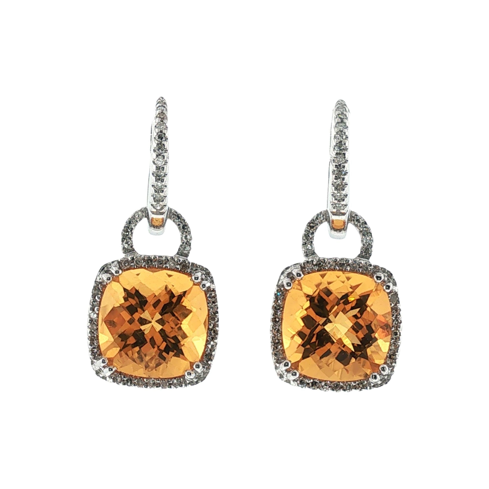 Citrine Gemstone Diamond 14 Karat White Gold Drop Halo Modern Earrings
