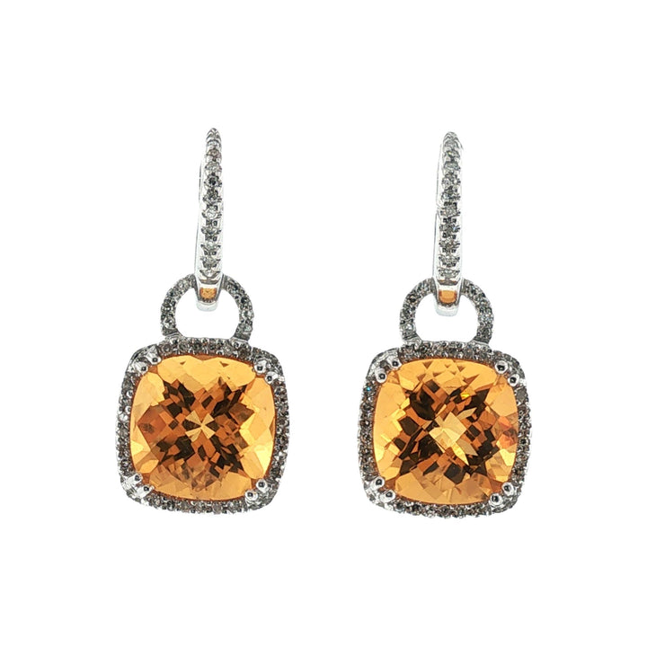 Citrine Gemstone Diamond 14 Karat White Gold Drop Halo Modern Earrings