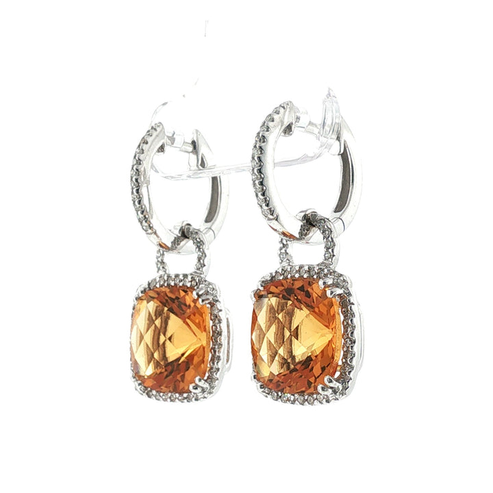 Citrine Gemstone Diamond 14 Karat White Gold Drop Halo Modern Earrings