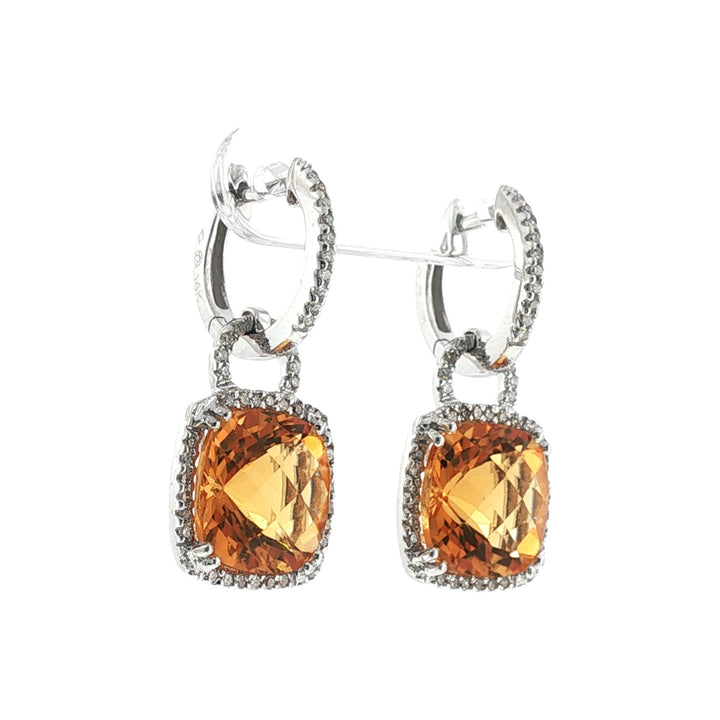 Citrine Gemstone Diamond 14 Karat White Gold Drop Halo Modern Earrings