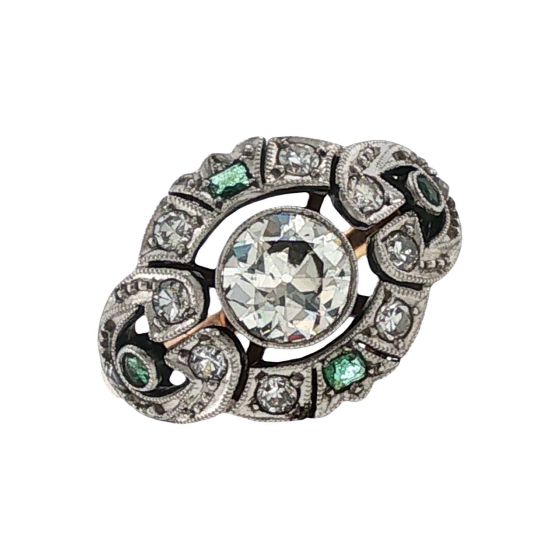 Old European-Cut Diamond Emerald Platinum/14KRG Antique Cocktail Engagment Ring