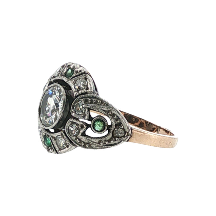 Old European-Cut Diamond Emerald Platinum/14KRG Antique Cocktail Engagment Ring