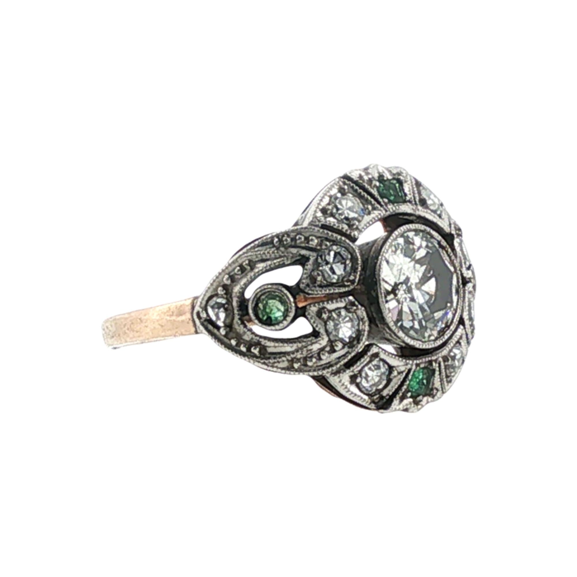 Old European-Cut Diamond Emerald Platinum/14KRG Antique Cocktail Engagment Ring