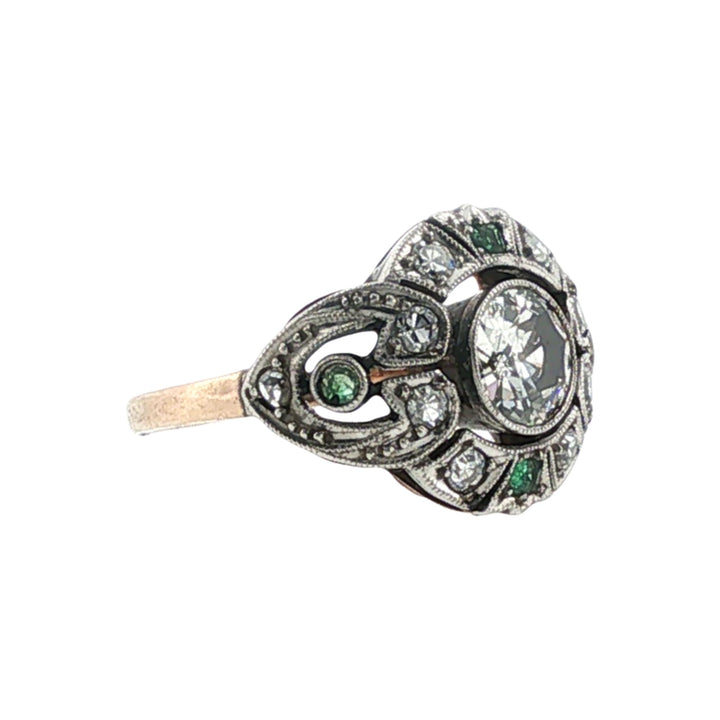 Old European-Cut Diamond Emerald Platinum/14KRG Antique Cocktail Engagment Ring