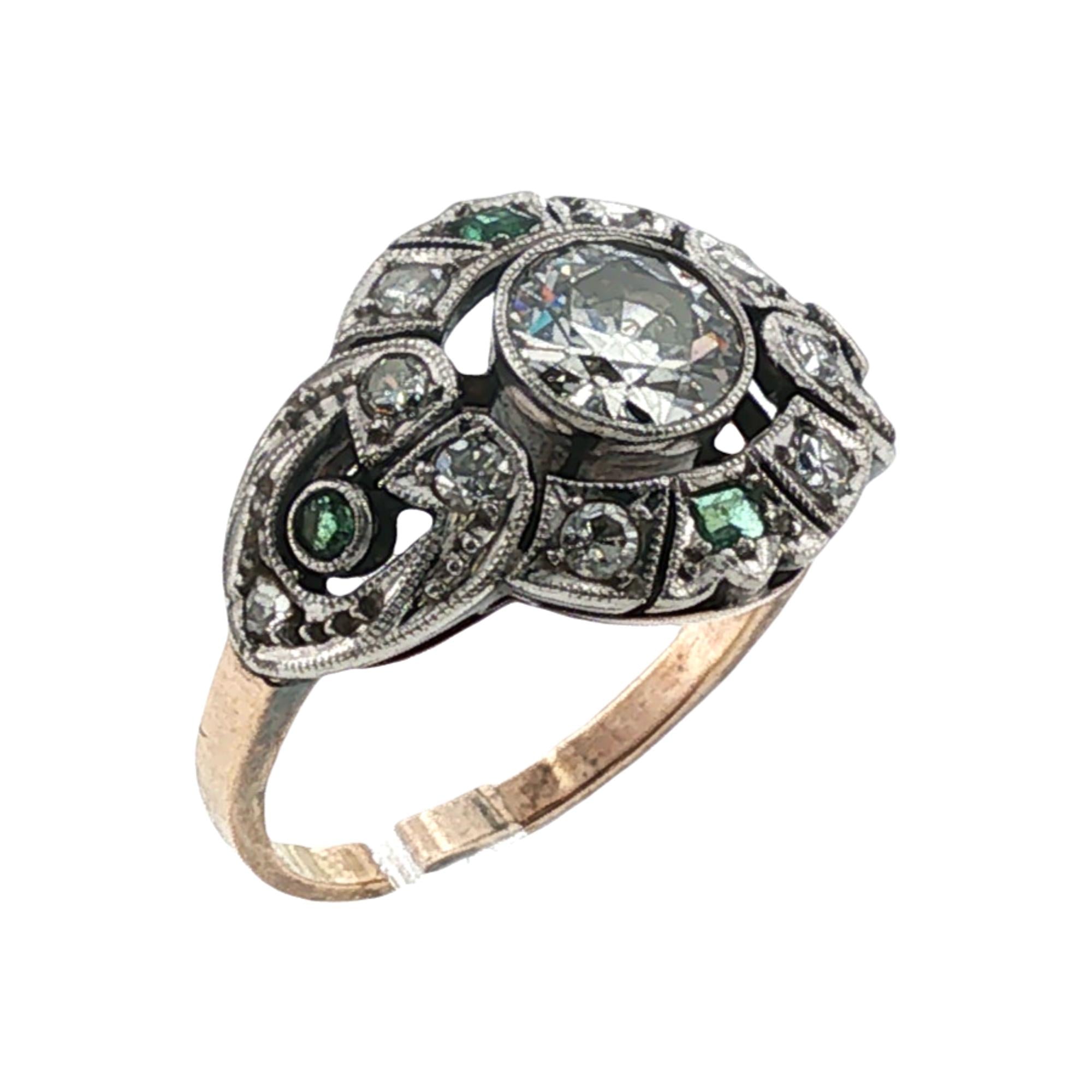 Old European-Cut Diamond Emerald Platinum/14KRG Antique Cocktail Engagment Ring