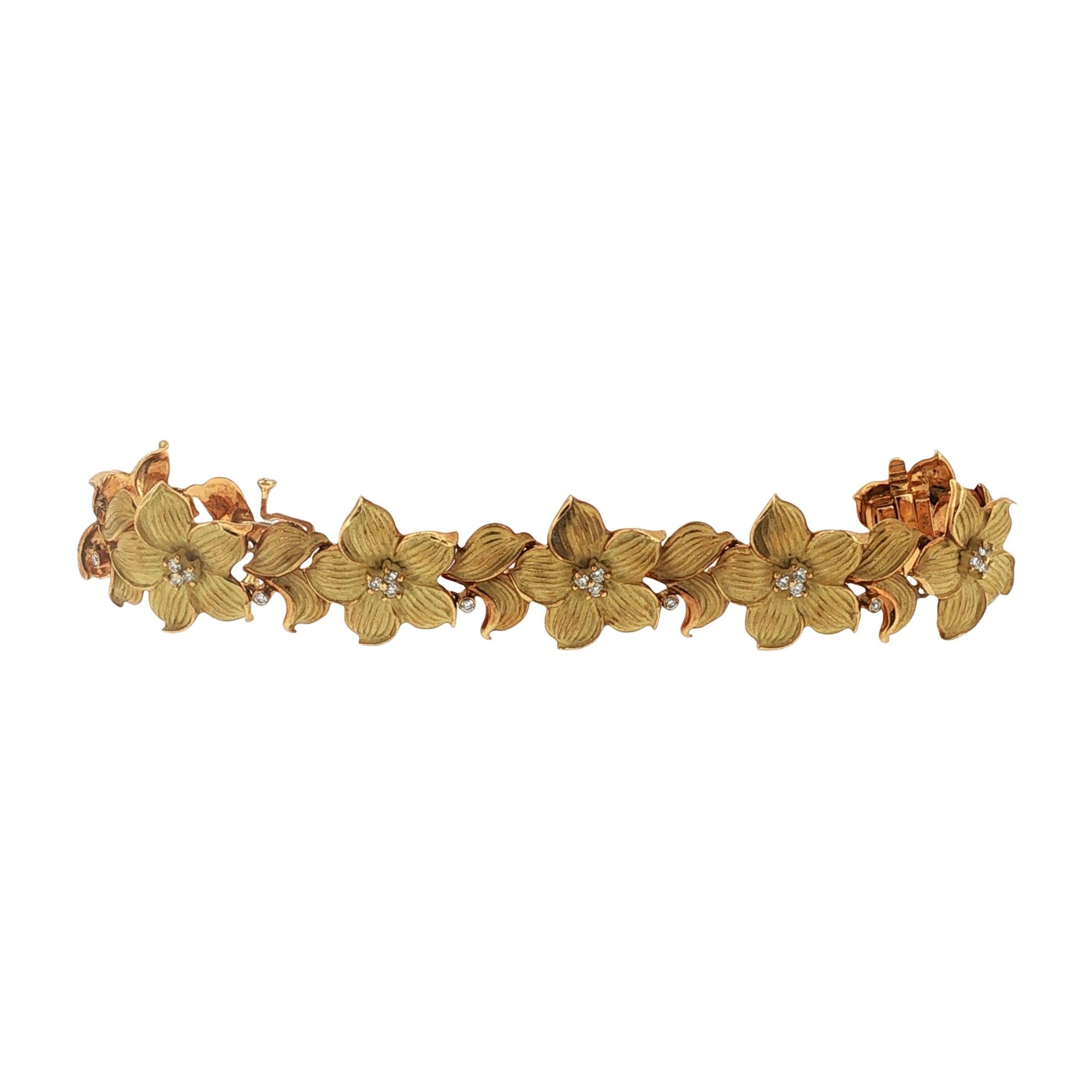 Diamond Satin Finish 18 Karat Yellow Gold Flower Link Bracelet