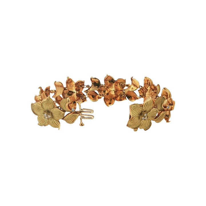 Diamond Satin Finish 18 Karat Yellow Gold Flower Link Bracelet