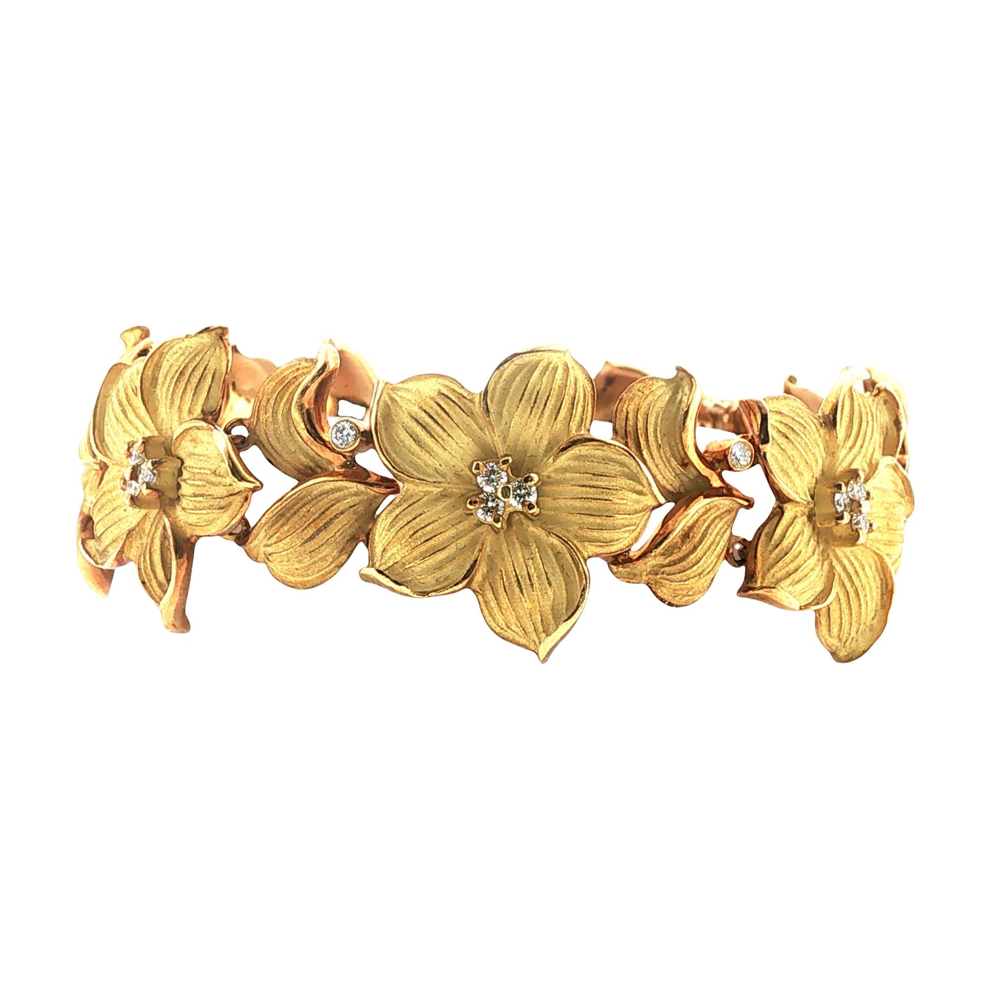 Diamond Satin Finish 18 Karat Yellow Gold Flower Link Bracelet