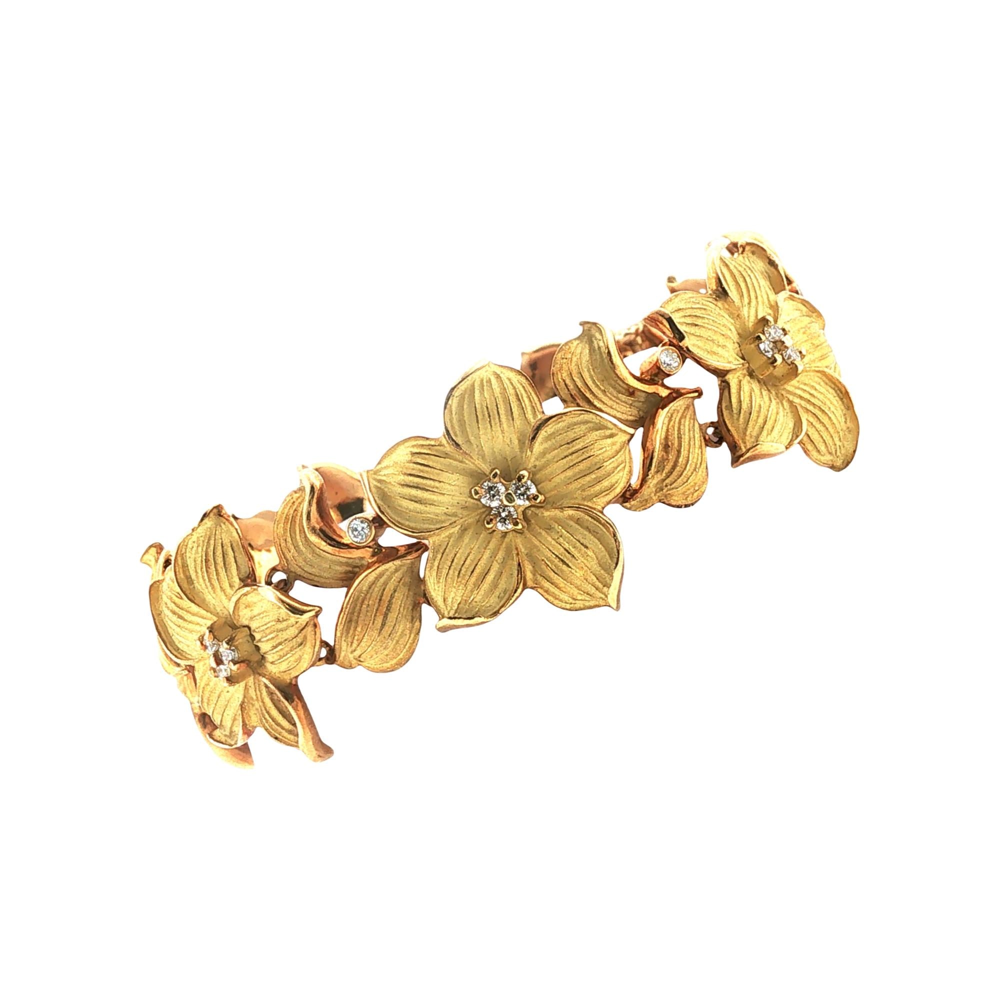 Diamond Satin Finish 18 Karat Yellow Gold Flower Link Bracelet