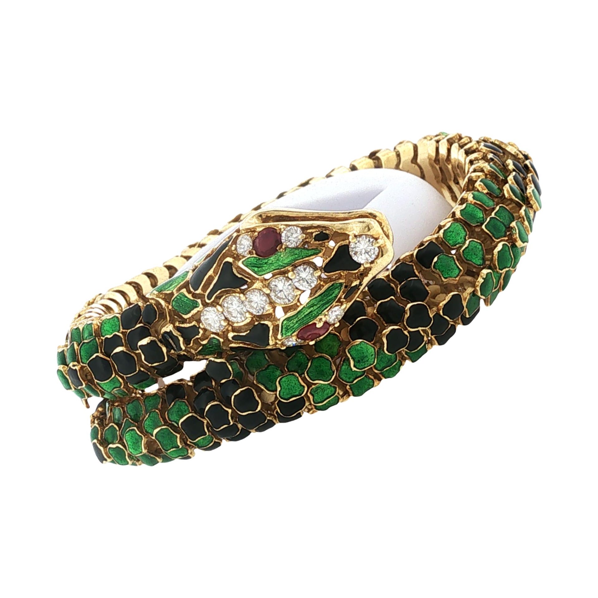 Snake Bracelet Enamel Diamond 18 Karat Yellow Gold Flexible Link Vintage