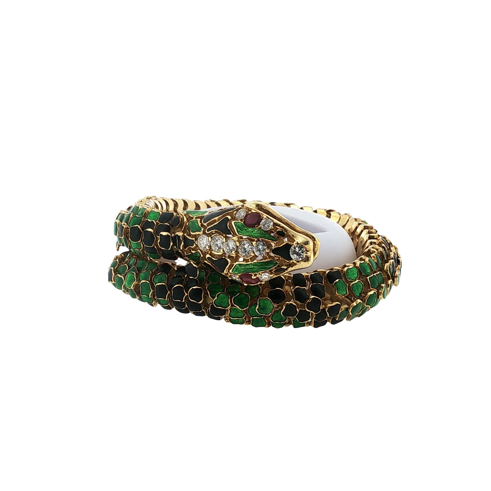 Snake Bracelet Enamel Diamond 18 Karat Yellow Gold Flexible Link Vintage